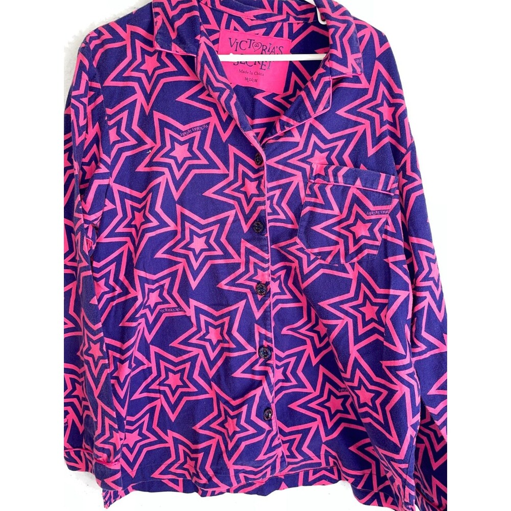 Victoria Secret SLEEP SHIRT Flannel sleepshirt womens M black Pink Star Blue VTG